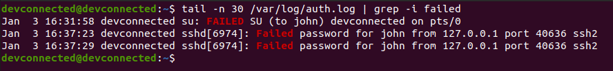 Inspecting the auth.log file auth-log-failed-attempts